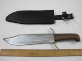 15 inch Bowie style hunting knife, wooden handle, with leather sheath, 1 lb 4 oz