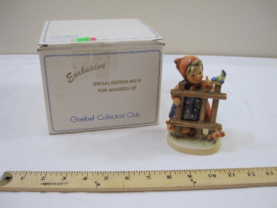Vintage 1948 Goebel Signs of Spring #203 Ceramic Hummel Figurine, girl with fence and bird, box does