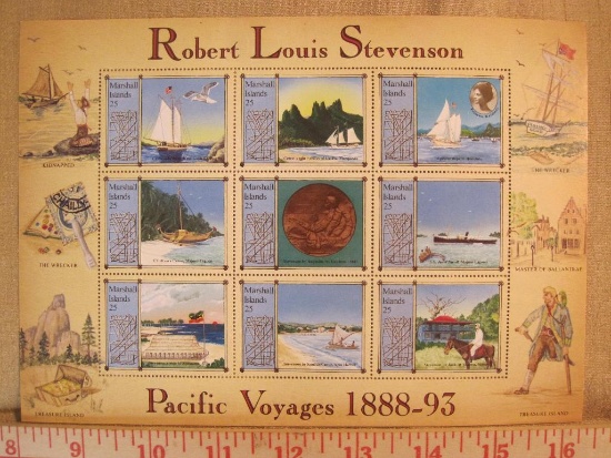 Pacific Voyages of Robert Louis Stevenson souvenier sheet, Marshall Islands stamps Scott # 190
