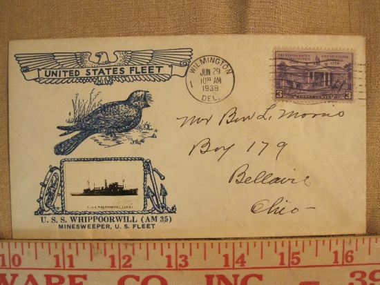 The United States Ratify the Constitution 1938 3 cent US postage stamp, on USS Whippoorwill envelope