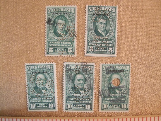 Two $5 and three $10 US Internal Revenue stock transfer stamps