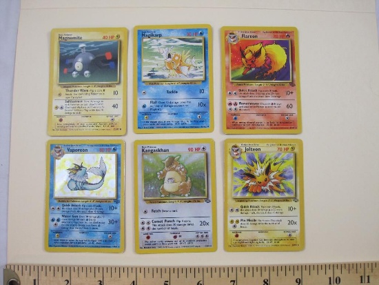 SIX Pokemon Trading Cards including Magnemite, Magikarp, Flareon, Vaporeon (foil), Kangaskhan