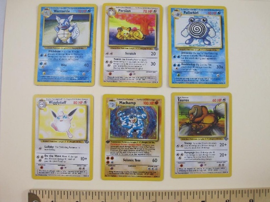 SIX Pokemon Trading Cards including Tauros, Machamp (foil), Wigglytuff, Poliwhirl, Persian, and