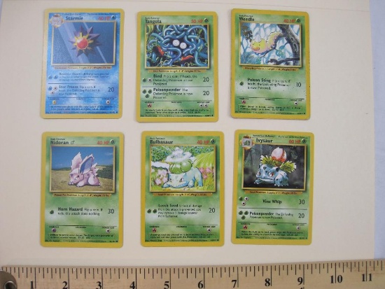 SIX Pokemon Trading Cards including Starmie, Tangela, Weedle, Nidoran, Bulbasaur, and Ivysaur, 1999