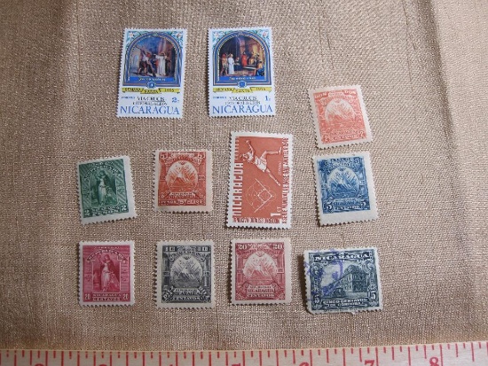 Lot of 11 Nicaraguan Postage Stamps, mostly unused, 1940's, 1970's and more