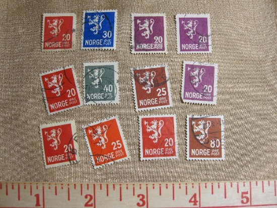 Twelve Norwegian Postage Stamps, Lione Rampant 1922-1949, canceled