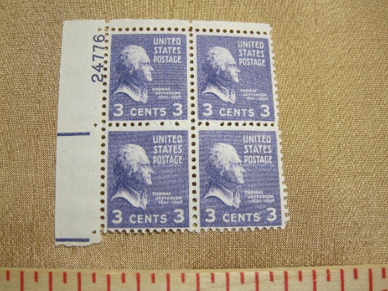 Block of 4 1938 3 cent Thomas Jefferson US postage stamps