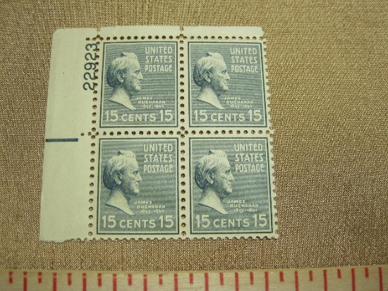 Block of 4 1938 James Buchanan US postage stamps, #820