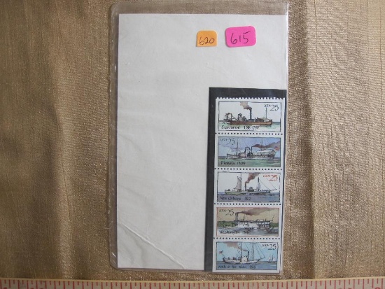Block of 5 1989 25 cent US postage stamps featuring steamboats of the late 1700s and early 1800s, #s