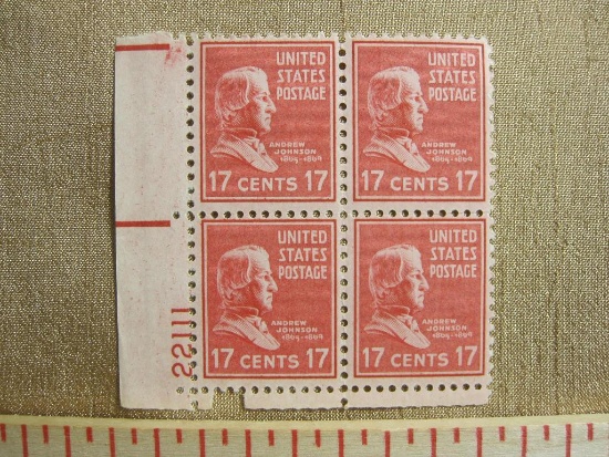 One block of 4 1938 17 cent US postage stamps featuring Andrew Johnson #822