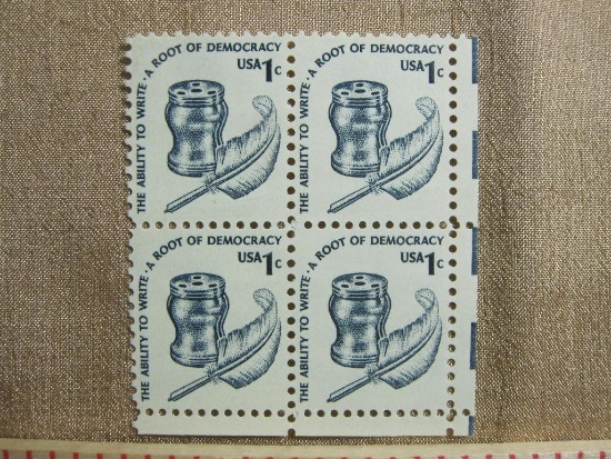 Block of 4 unused 1977 "The Ability to Write, A Root of Democracy" 1 cent US postage stamps #1581