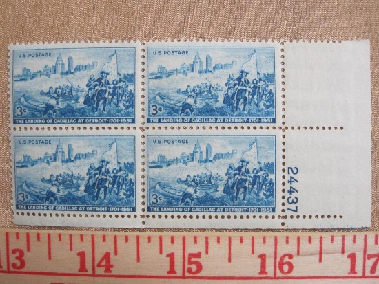One block of four 3 cent Landing of Cadillac at Detroit US stamps, Scott # 1000