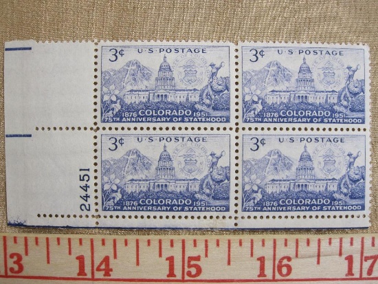 Block of four 3 cent 75th Anniversary of Colorado Statehood US stamps, Scott # 1001