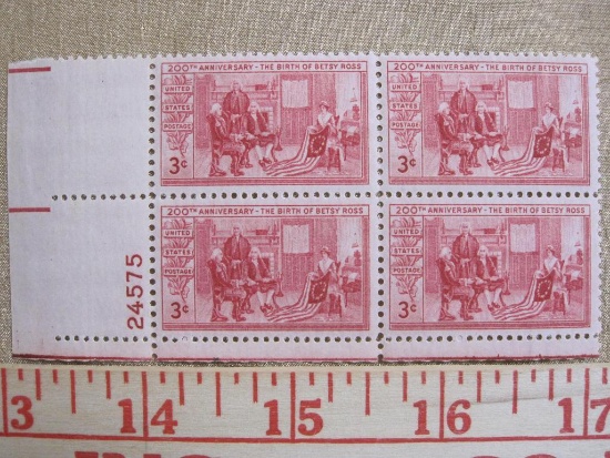 One block of four 3 cent Birth of Betsy Ross US stamps, Scott # 1004