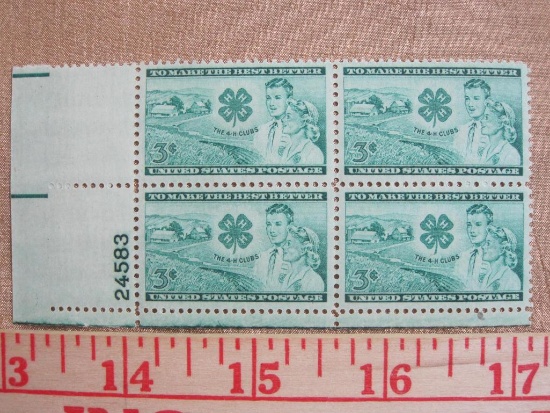 One block of four 3 cent The 4-H Clubs US stamps, Scott # 1005