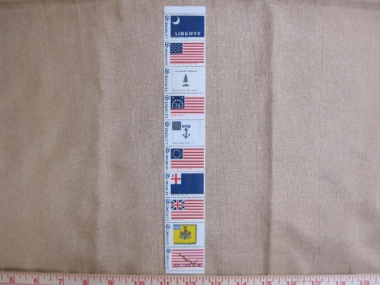 Block of 10 6 cent 1968 US postage stamps depicting Revolutionary War era flags, including