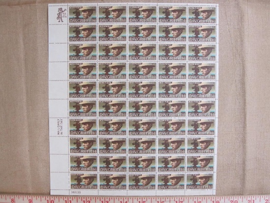 Full sheet of 50 10 cent D W Griffith US stamps, Scott # 1555
