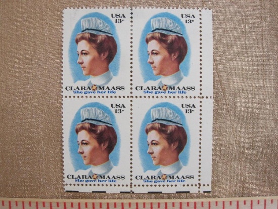 Block of 4 1976 13 cent postage stamps honoring Clara Maass, #1699