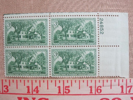 Block of four 3 cent Sagamore Hill, Oyster Bay NY US stamps, Scott # 1023