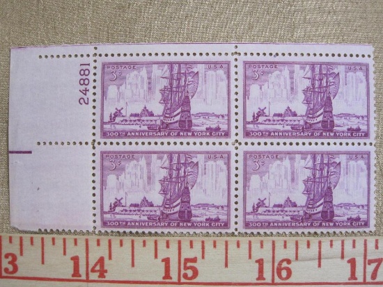 Block of four 3 cent 300th Anniversary of New York City US stamps, Scott # 1027