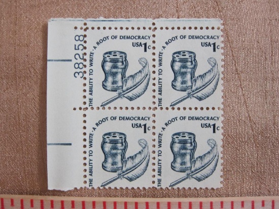 Block of 4 1980 1 cent "The Ability to Write - A Root of Democracy" US postage stamps, #1581