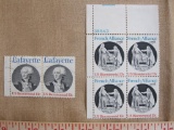 Two canceled 13 cent Lafayette Bicentennial US postage stamps, #1716, and block of 4 French Alliance
