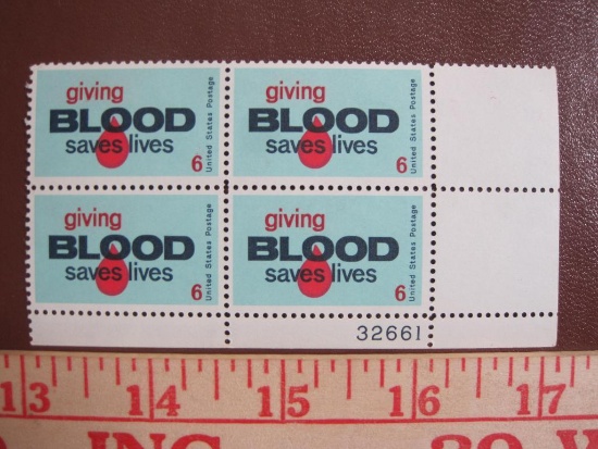 Block of 4 1971 6 cent "Giving blood saves lives" US postage stamps, #1425