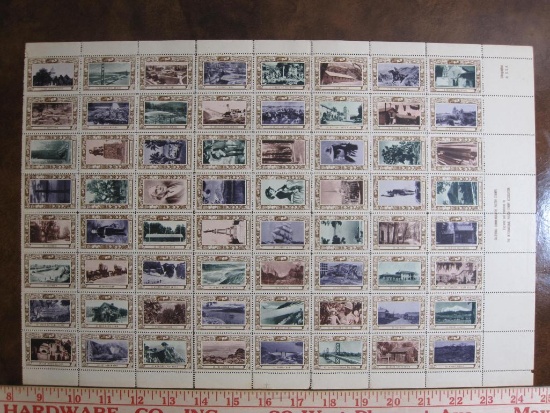 Sheet of 64 California commemorative poster stamp set, published circa 1948. Sheet is in 2 pieces,