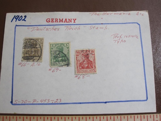 Three hinged 1902 Germany "Deutsches Reich" stamps, #s 66-A.16, 67 and 68