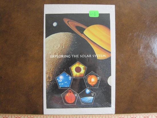 Exploring the Solar System souvenir sheet from 2000, five pentagonal 1 cent US postage stamps, #3410