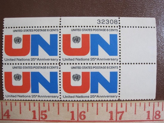 Block of 4 1970 6 cent United Nations 25th Anniversary US postage stamps, #1419