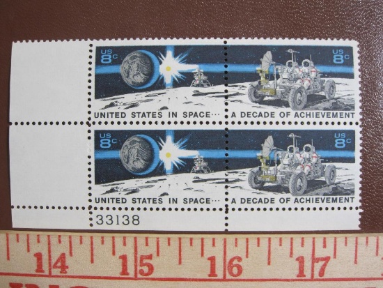 Block of 4 1972 8 cent US postage stamps -- two United States in Space and two A Decade of