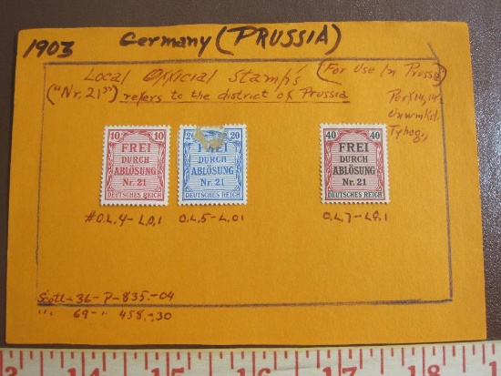 Three hinged 1903 Germany (Prussia) local official stamps, #sO.L.4-L.O.1, O.L.5-L.01 and O.L.7-L.O.1