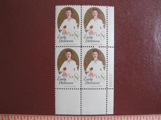 Block of 4 1971 8 cent Emily Dickinson US postage stamps, #1436