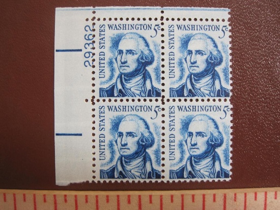 Block of 4 5 cent George Washington US postage stamps, #1283B