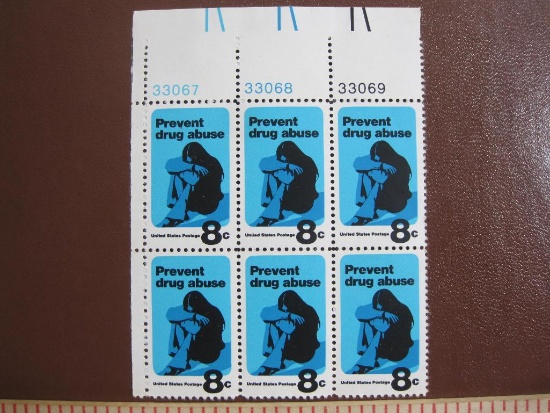 Block of 6 1971 8 cent Prevent drug abuse US postage stamps, #1438