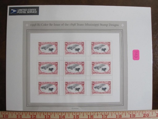 Full pane of 9 $1 US postage stamps, 1998 bi-color reissue of the 1898 Trans-Mississippi Stamp