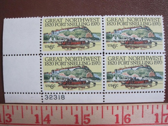 Block of 4 1970 6 cent Great Northwest Fort Snelling US postage stamps, #1409