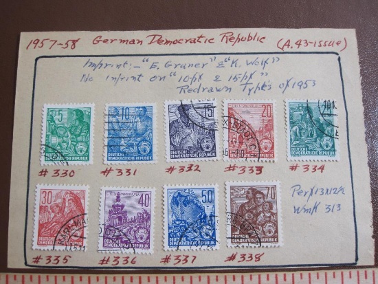 Nine hinged 1957-58 German Democratic Republic stamps (A.43 issue), #s 330 through 338