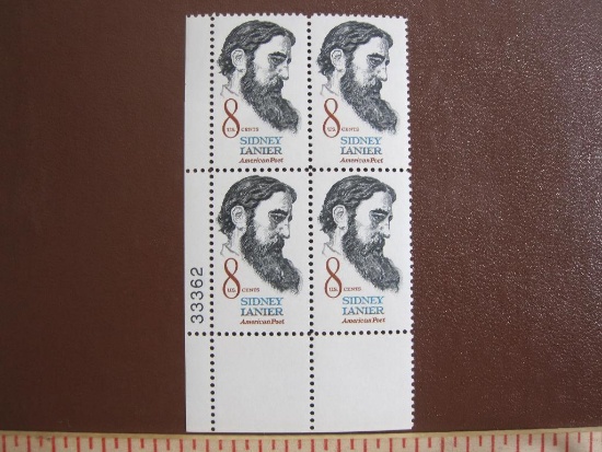 Block of 4 1972 8 cent Sidney Lanier US postage stamps, #1446