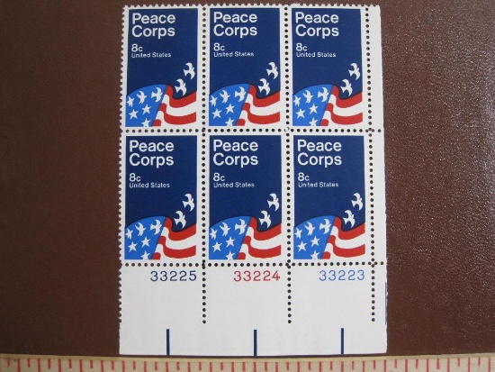 Block of 6 1972 8 cent Peace Corps US postage stamps, #1447