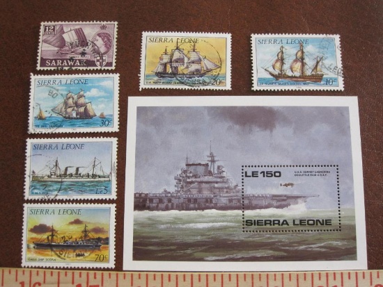 Lot of one Sierra Leone pane, gum is mint, and six cencelled Sierra Leone ship postage stamps