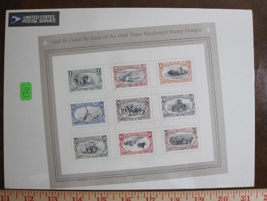 Full pane of 9 US postage stamps, various scenes and denominations (1,2,4,5,8,10,50 cent and $1 and
