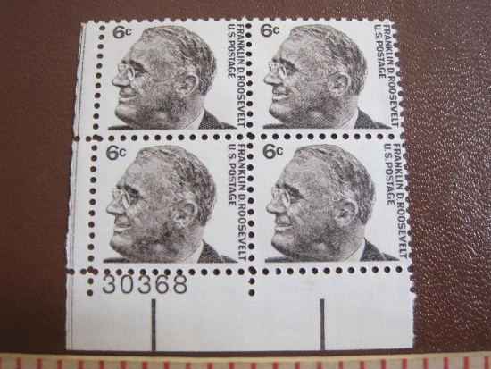 Block of 4 1966 6 cent Franklin D. Roosevelt US postage stamps, #1284