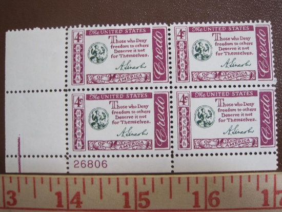 Block of 4 1960 4 cent Lincoln Credo US postage stamps, #1143