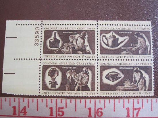 Block of 4 1972 8 cent Colonial American Craftsmen US postage stamps, #s1456-1459