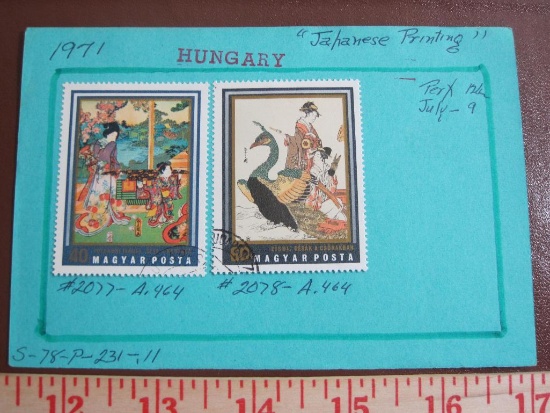 Two hinged 1971 Hungary stamps, "Japanese Printing," #s 2077-A.464 and 2078-A.464