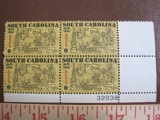 Block of 4 1970 6 cent South Carolina US postage stamps, #1407