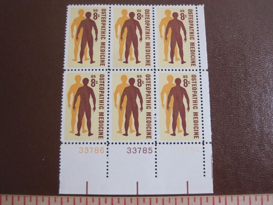 Block of 6 1972 8 cent Osteopathic Medicine US postage stamps, #1469