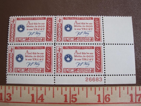 Block of 4 1960 4 cent Francis Scott Key Credo US postage stamps, #1142